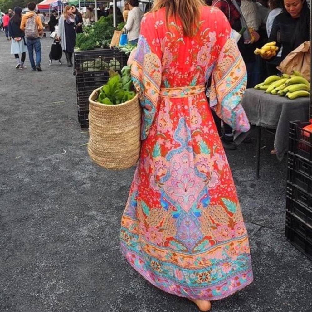 Malva Lotus Feathers Kimono Maxi Kaftan Dress